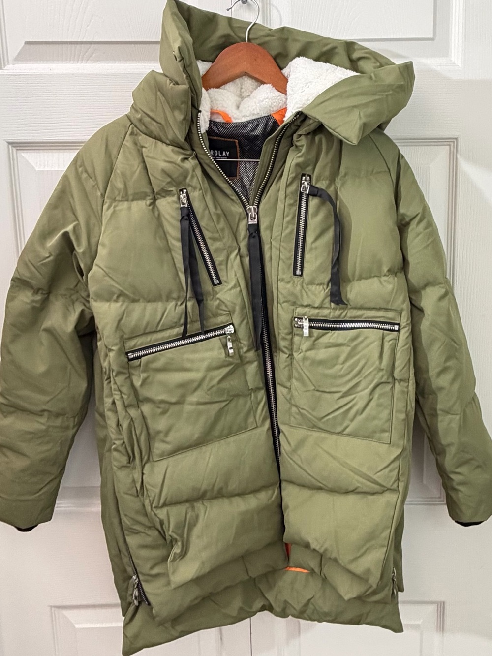 Orolay Womens XS Olive Green Down Puffer Parka Hooded 6 Pocket Coat ski snow